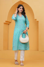 Turquoise Leheriya Print Cotton Kurta for Women