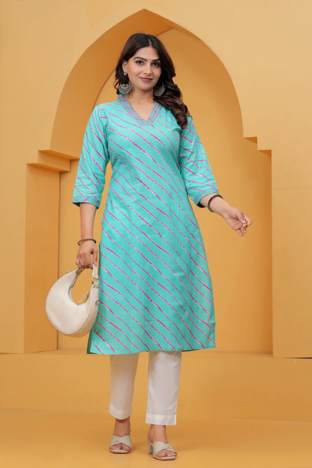 Turquoise Leheriya Print Cotton Kurta for Women