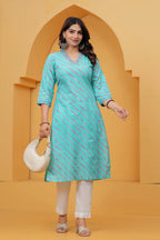 Turquoise Leheriya Print Cotton Kurta for Women