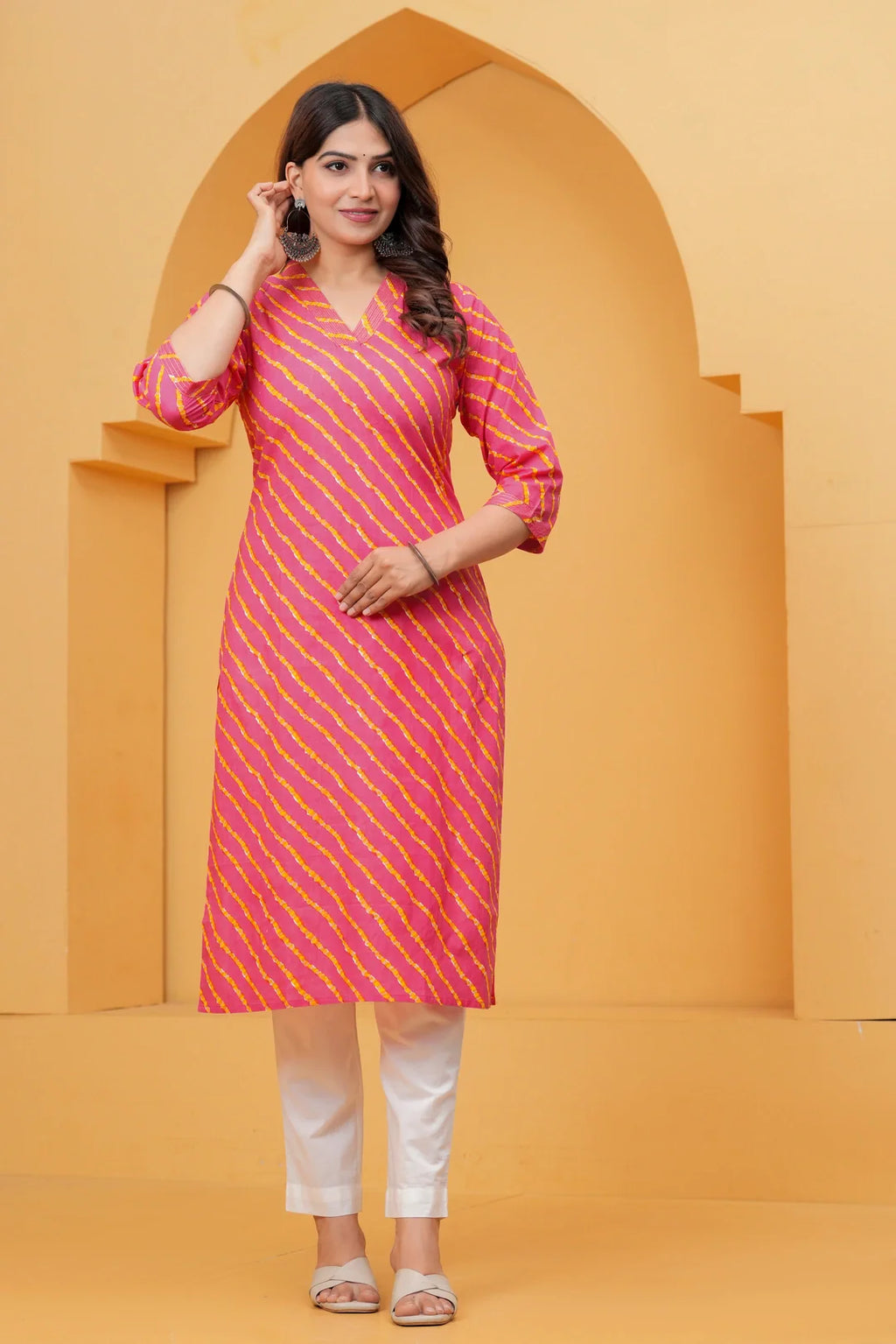 Pink Leheriya Printed Cotton Kurta with White Trousers