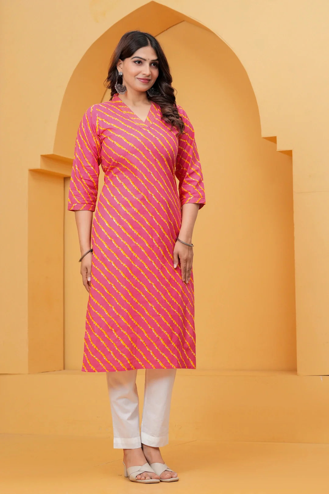 Pink Leheriya Printed Cotton Kurta with White Trousers