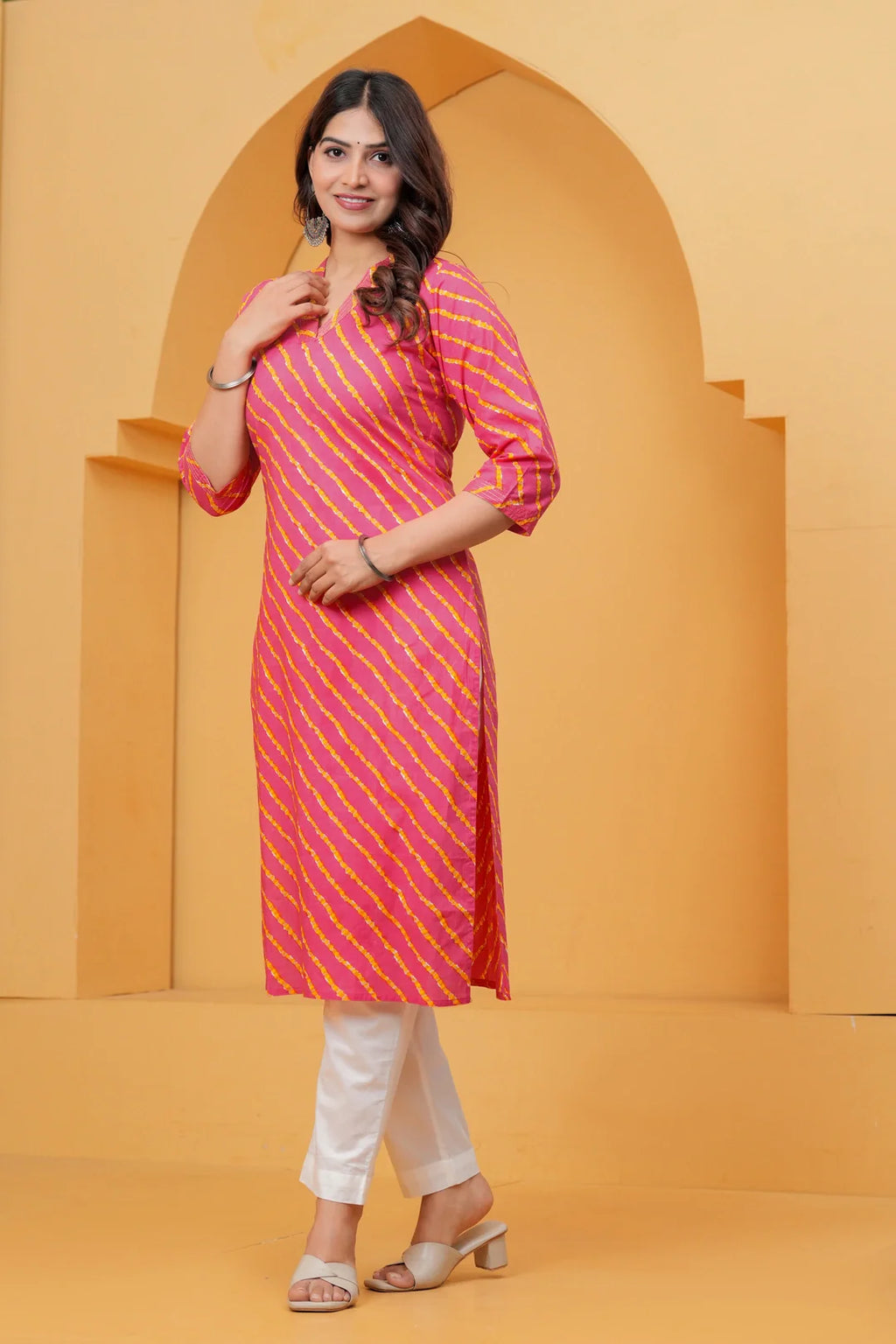 Pink Leheriya Printed Cotton Kurta with White Trousers