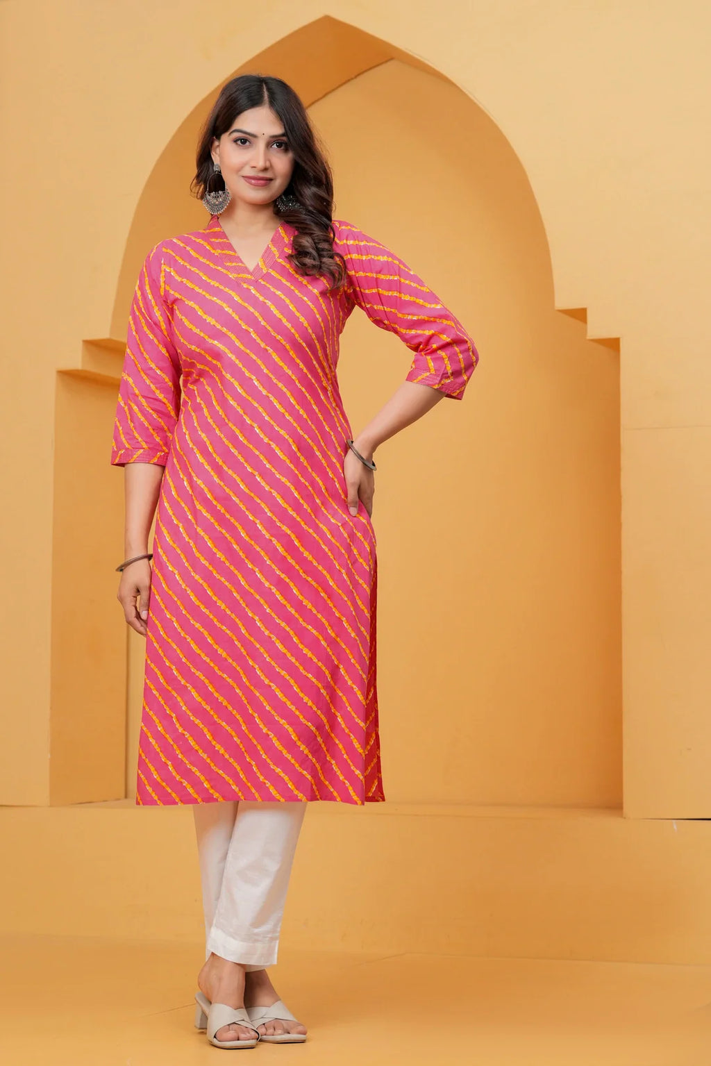 Pink Leheriya Printed Cotton Kurta with White Trousers