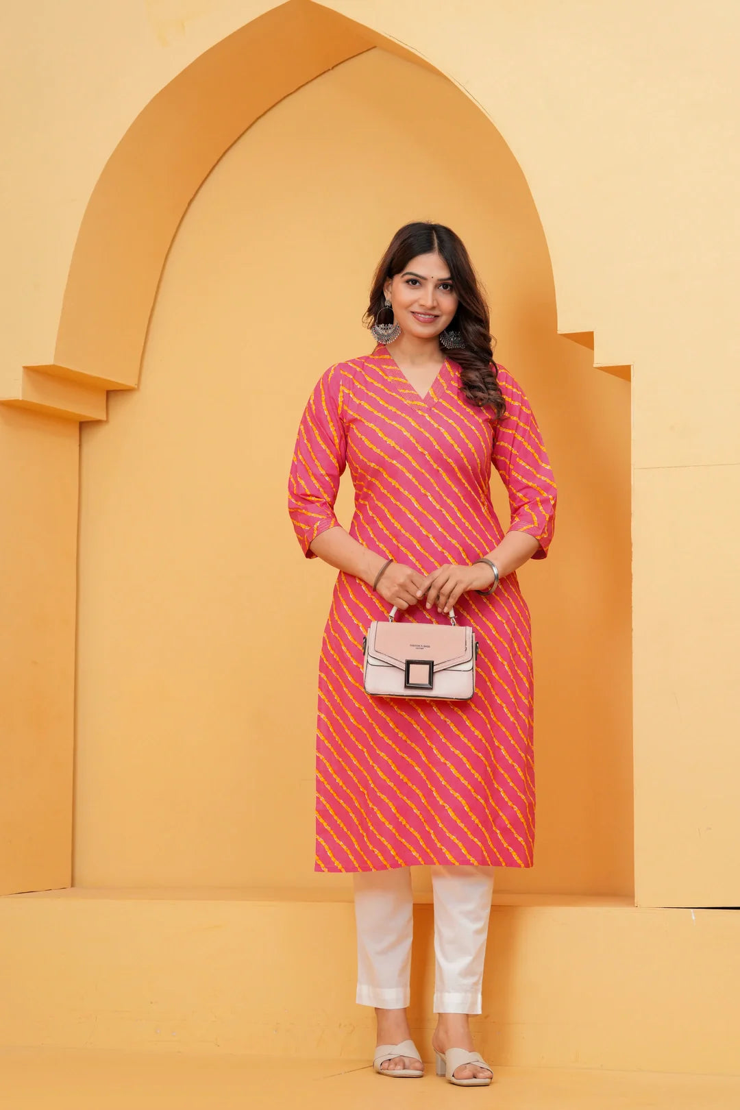 Pink Leheriya Printed Cotton Kurta with White Trousers