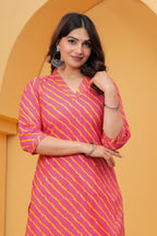 Pink Leheriya Printed Cotton Kurta with White Trousers