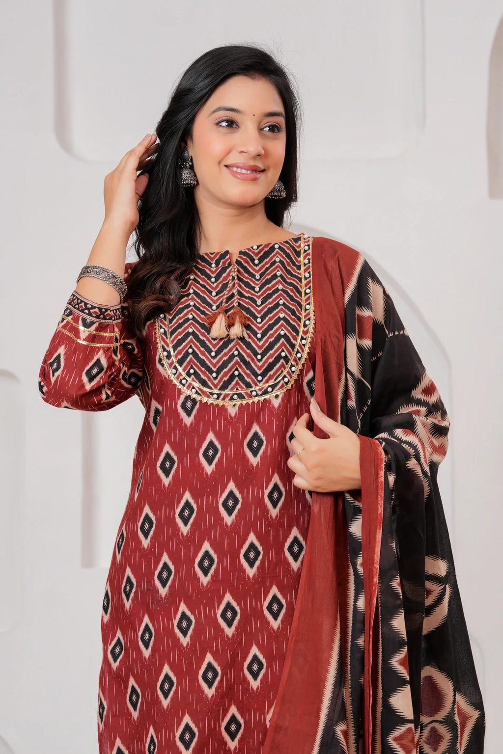 Maroon & Black Ikat Print Ethnic Set