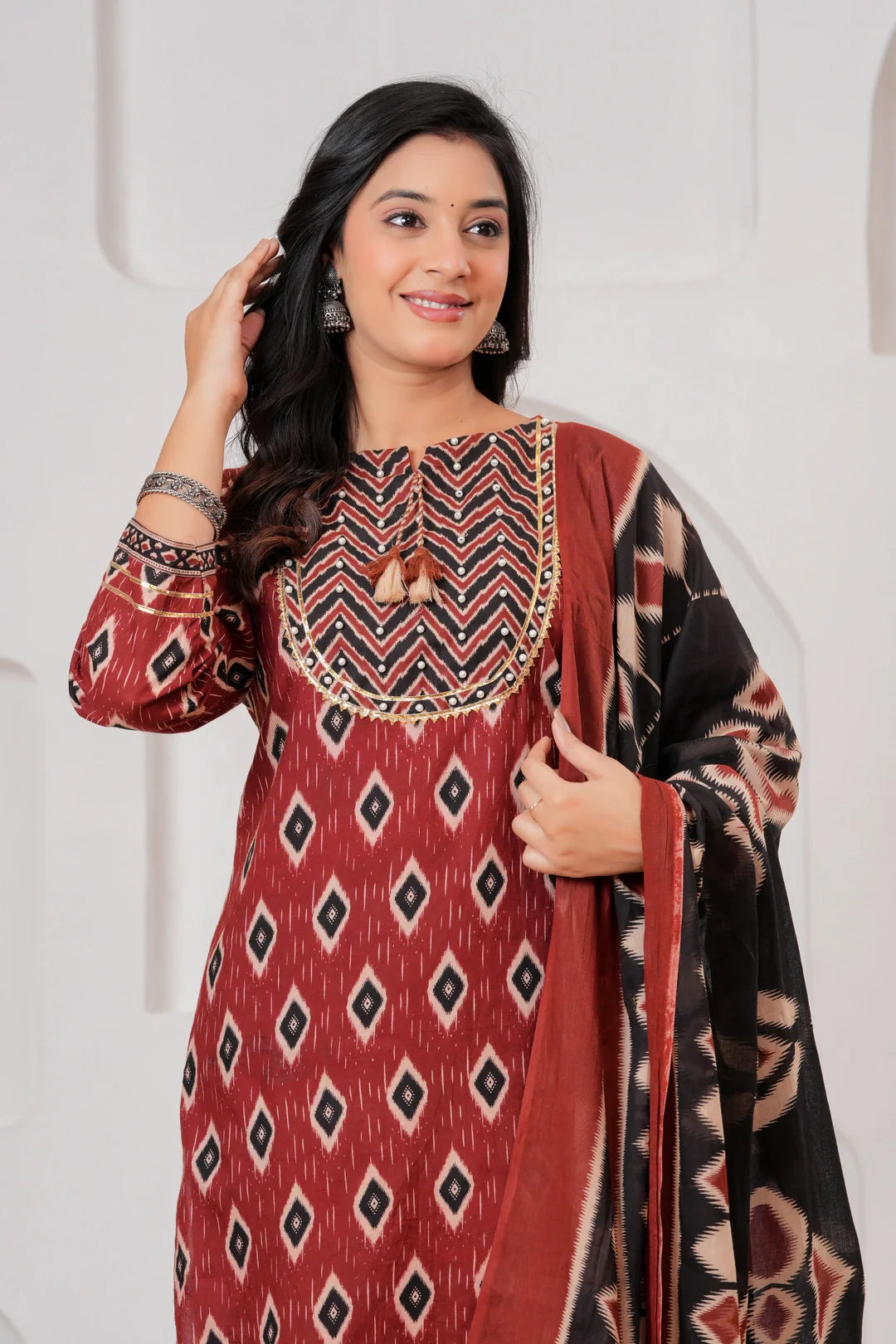 Maroon & Black Ikat Print Ethnic Set