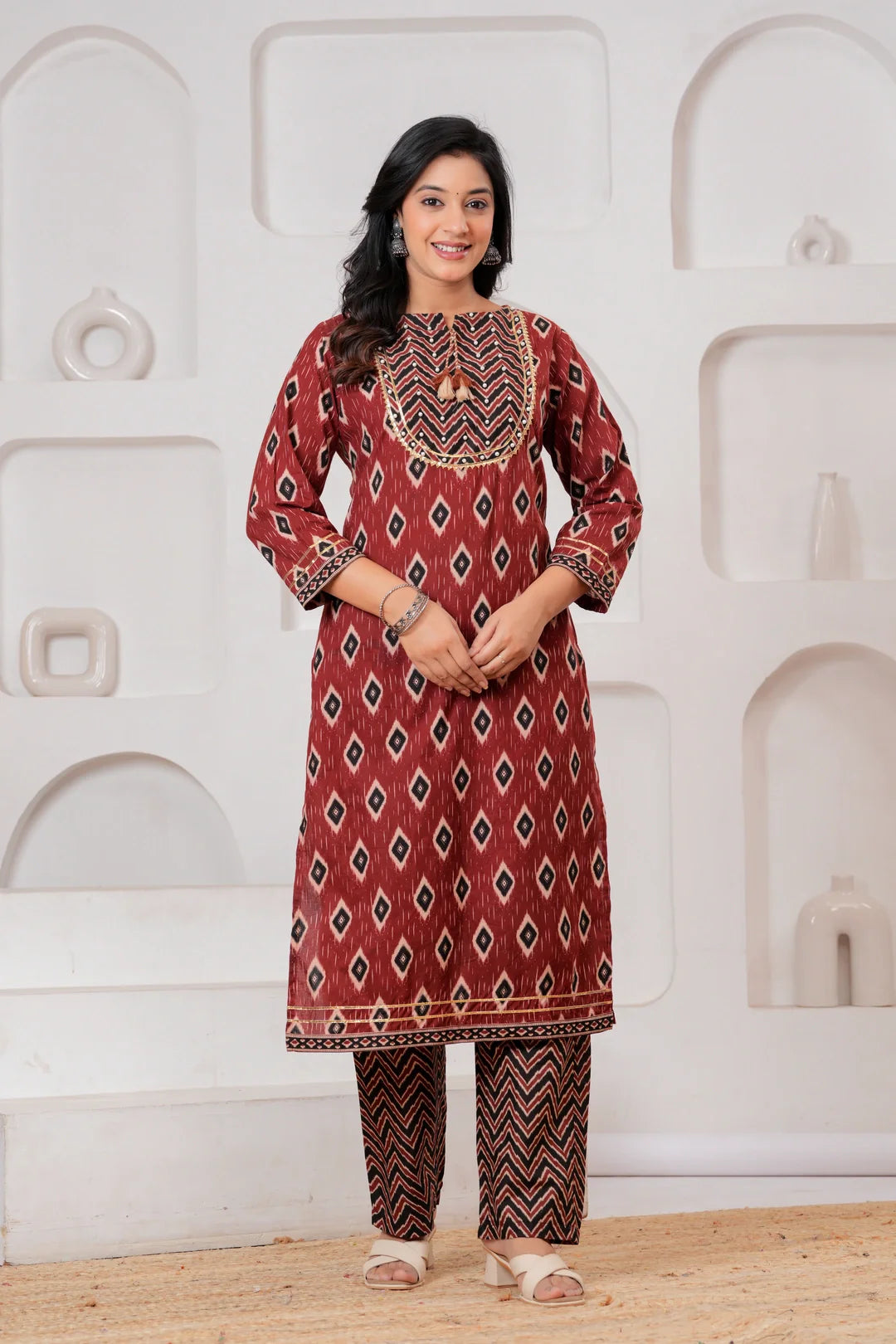 Maroon & Black Ikat Print Ethnic Set