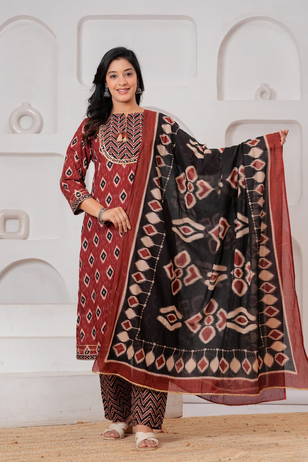 Maroon & Black Ikat Print Ethnic Set