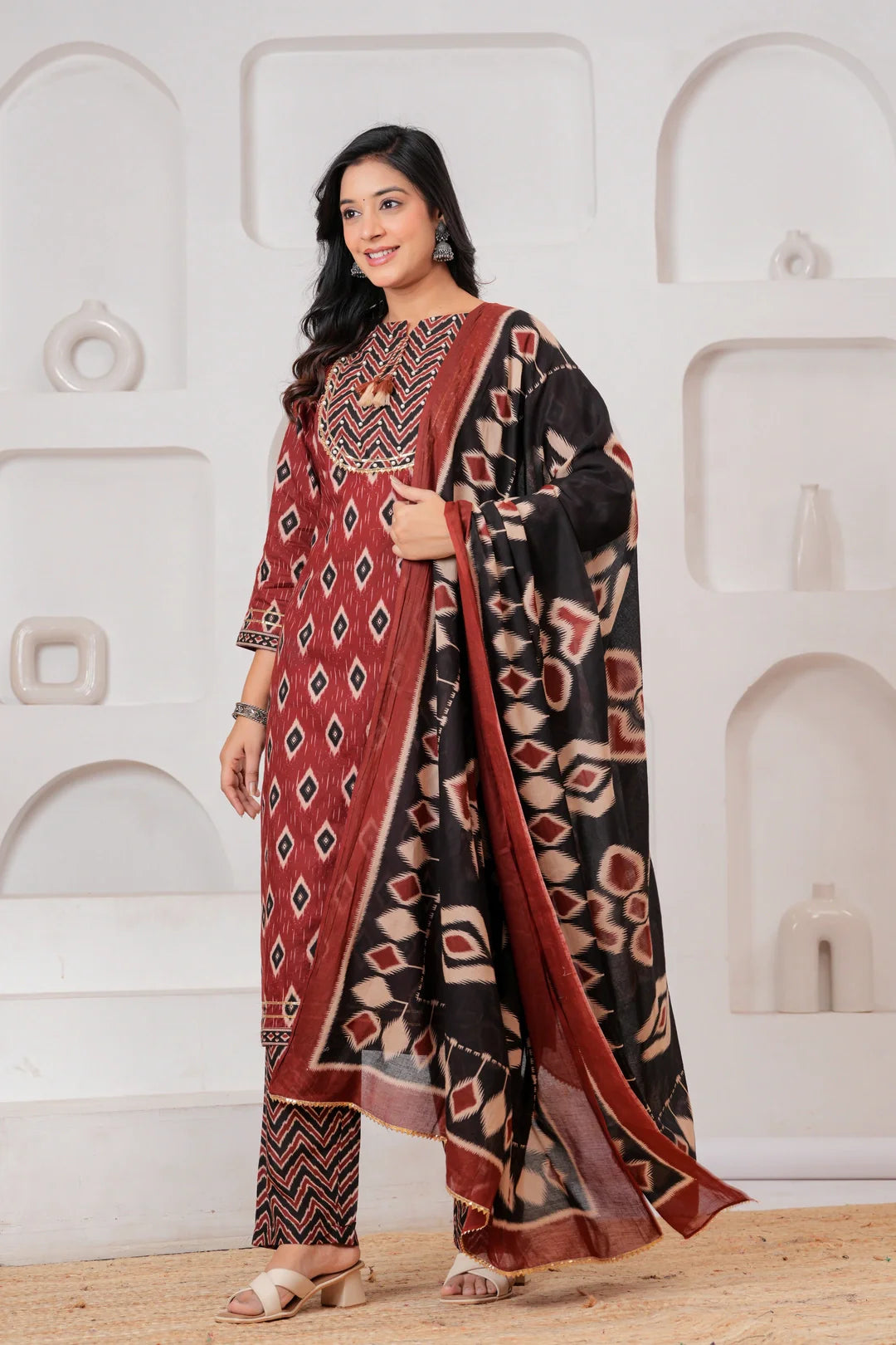 Maroon & Black Ikat Print Ethnic Set