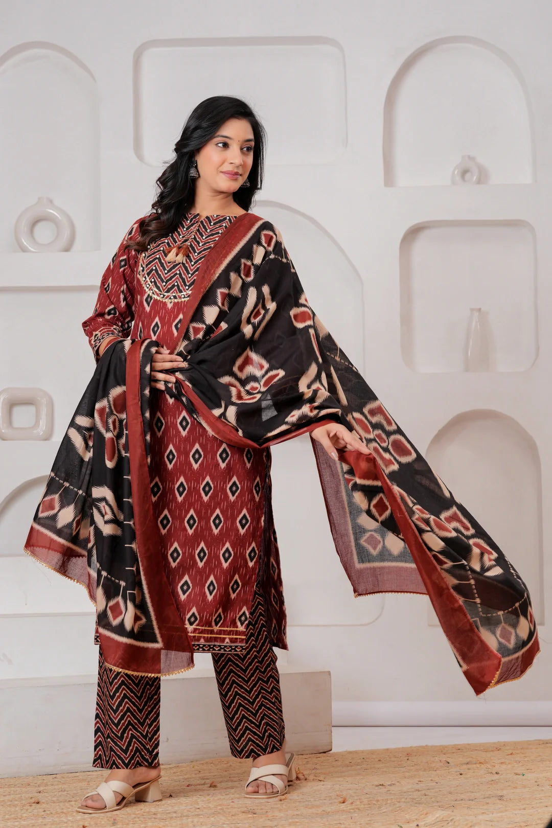 Maroon & Black Ikat Print Ethnic Set