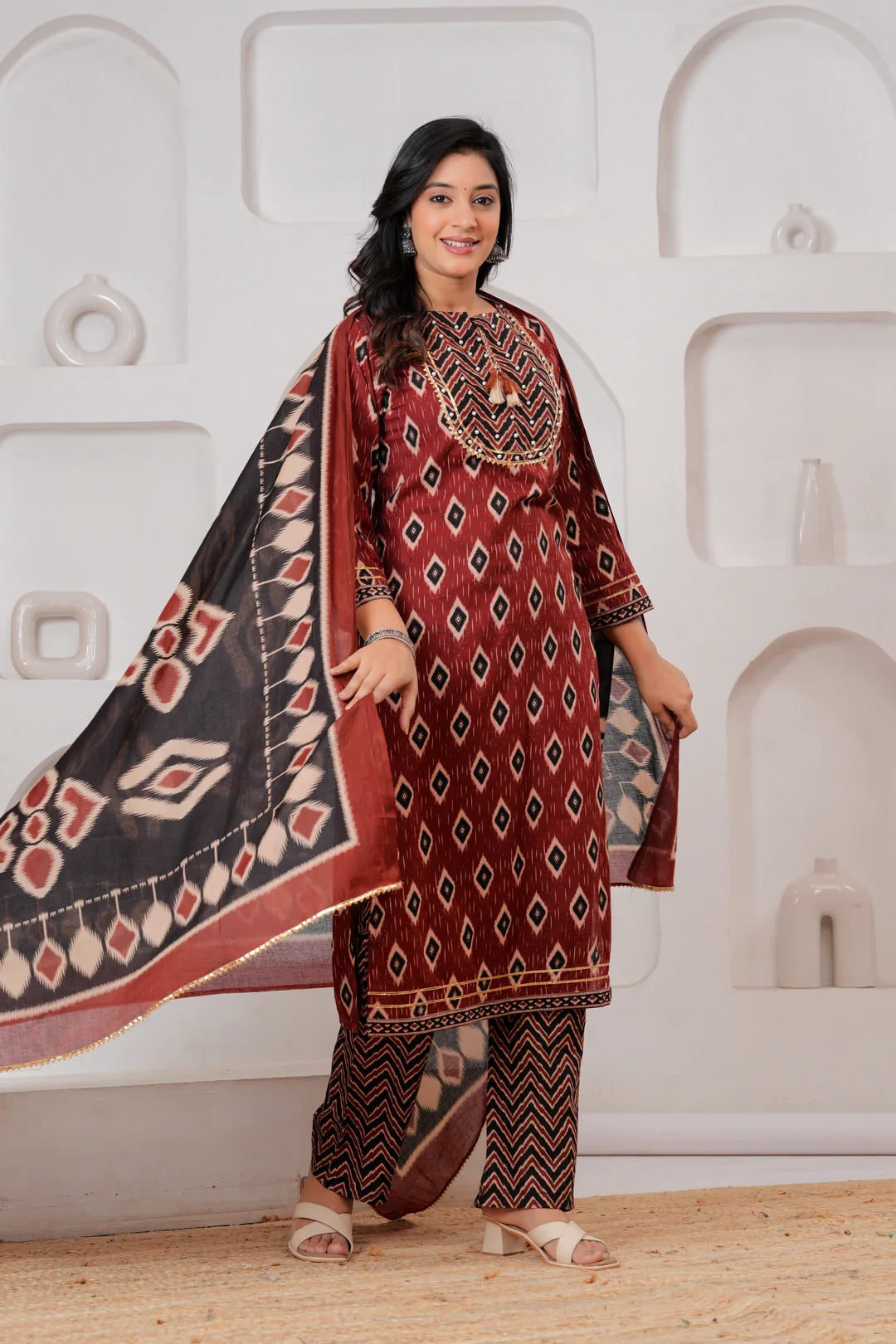 Maroon & Black Ikat Print Ethnic Set