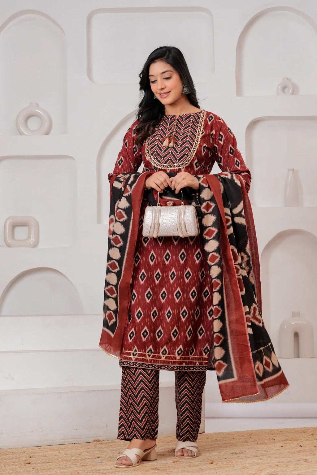 Maroon & Black Ikat Print Ethnic Set
